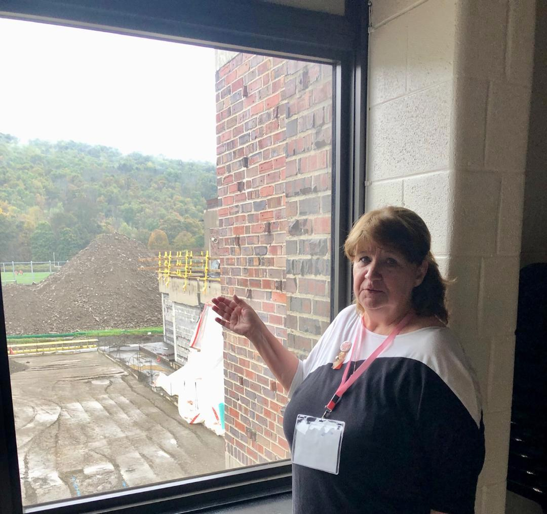 Cheryl Hibbard Gourley looking out over the back of the school 